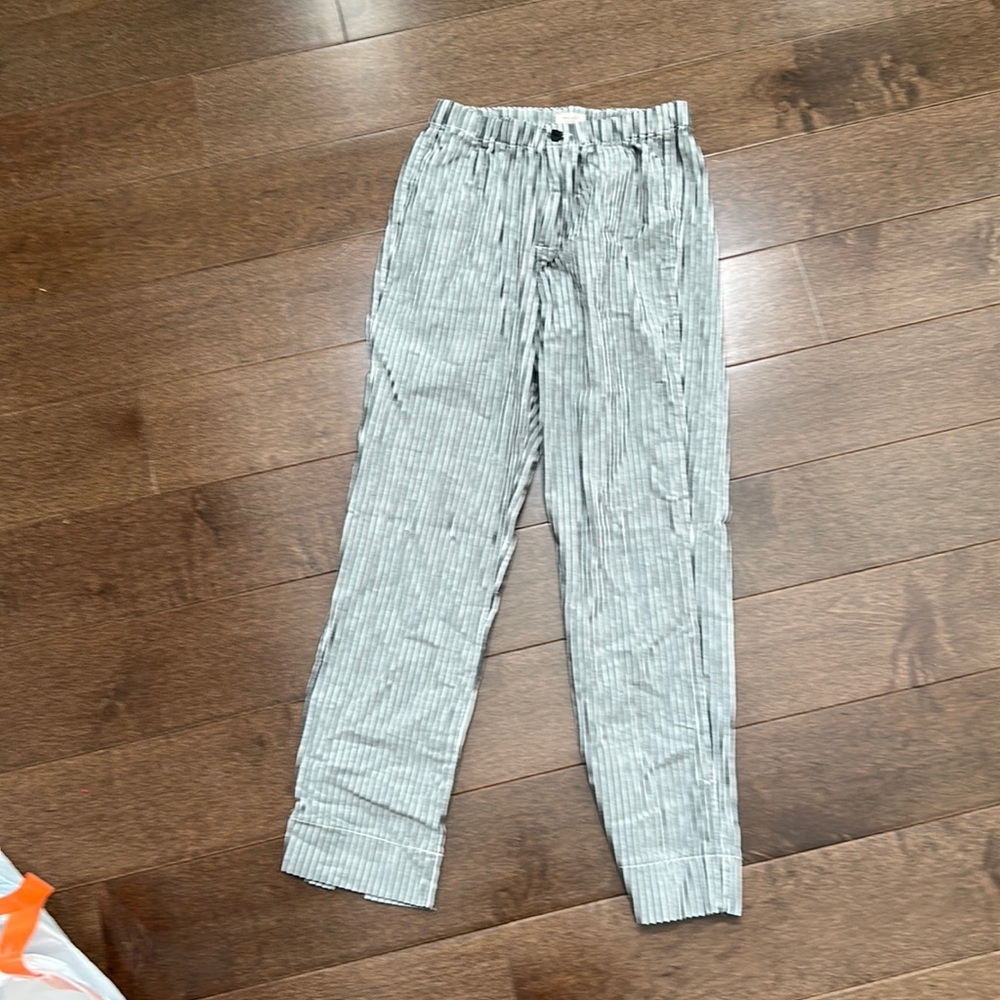 Pinstripe pants, elastic waist, front zipper and button, no pockets,